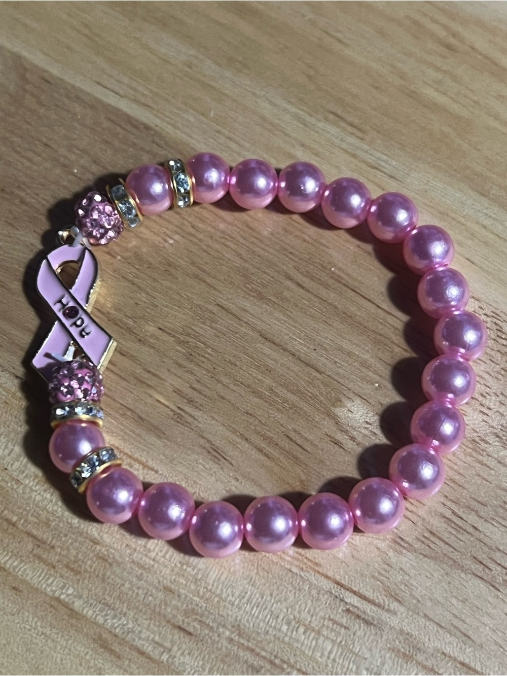 Pink Pearl Beaded Hope Ribbon Bracelet B198